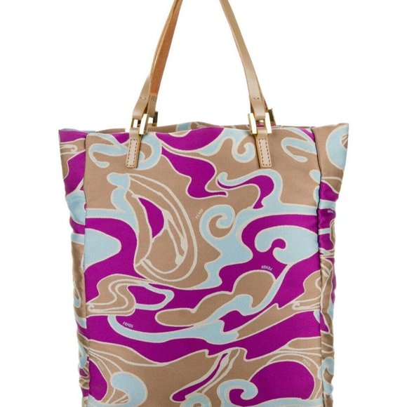 Fendi Nylon Small Purple Blue Swirl Tote Bag Beige Leather Straps Gold Hardware - Picture 1 of 4